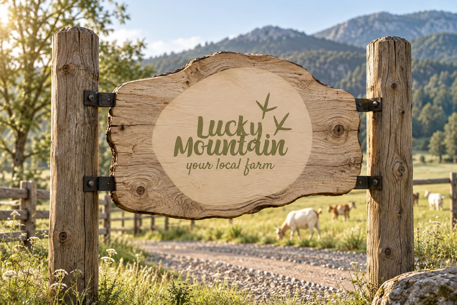 Enseigne d’entrée Lucky Mountain dans un paysage montagnard.