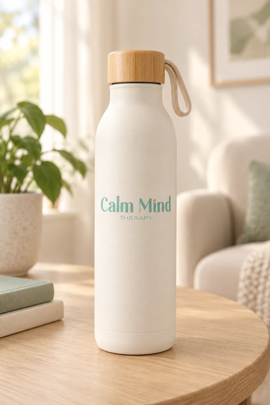 Gourde blanche Calm Mind Therapy avec bouchon en bois.