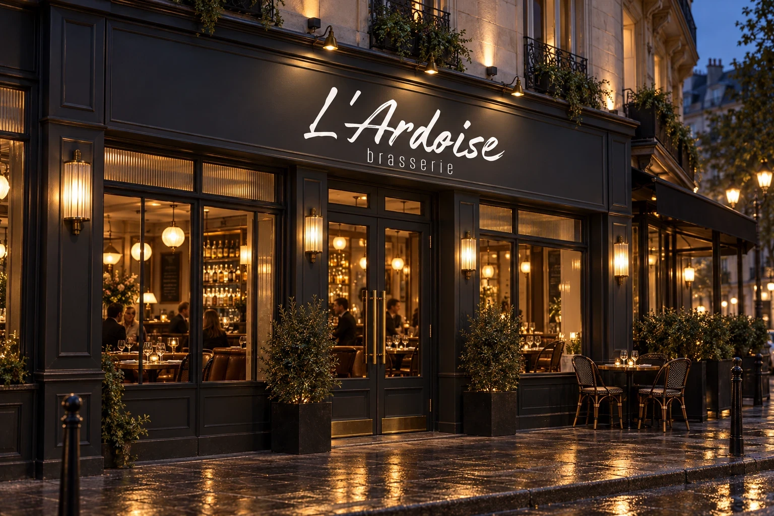 Façade sombre de la brasserie L’Ardoise avec une enseigne blanche et des éclairages chaleureux.