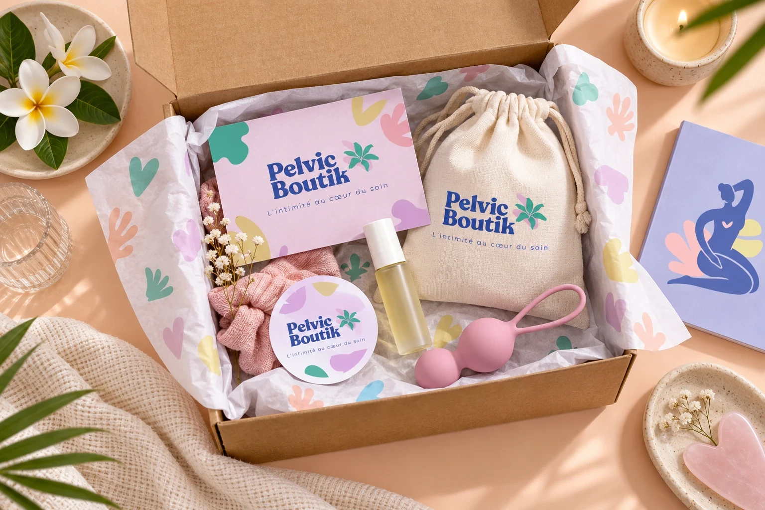 Coffret Pelvic Boutik ouvert avec des produits de bien-être intime et des supports illustrés aux couleurs pastel.