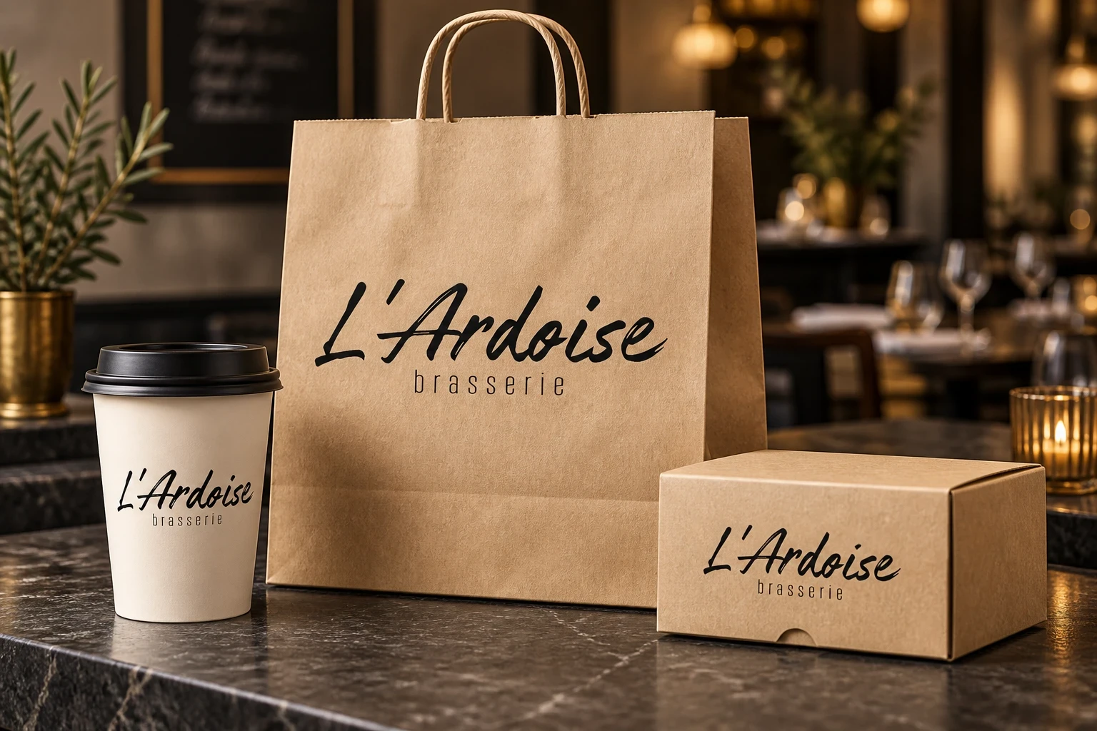 Sac kraft, gobelet et boîte à emporter portant le logo de la brasserie L’Ardoise.