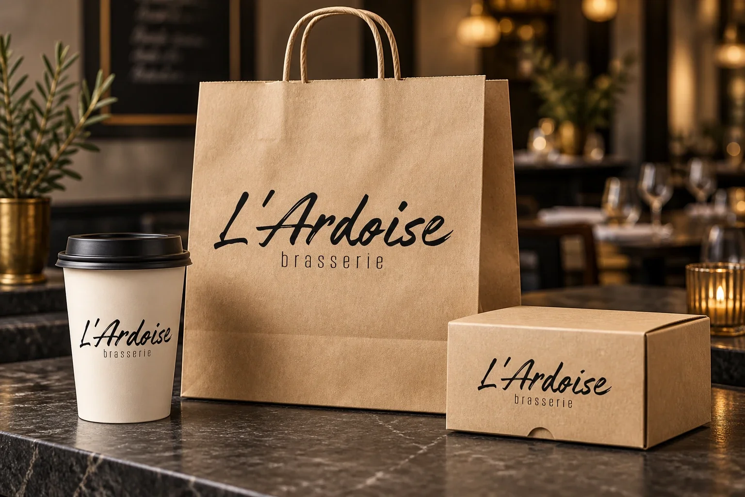 Sac kraft, gobelet et boîte à emporter portant le logo de la brasserie L’Ardoise.