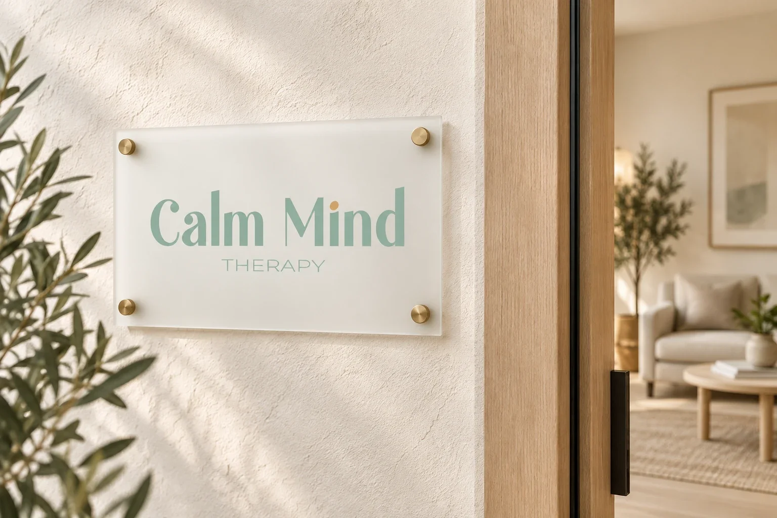 Plaque du cabinet Calm Mind Therapy à l’entrée d’un espace lumineux.