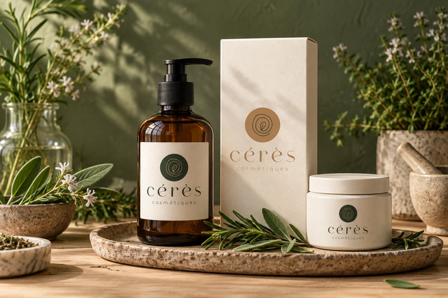 Flacon à pompe et pot de soin Cérès Cosmétiques avec leurs emballages.
