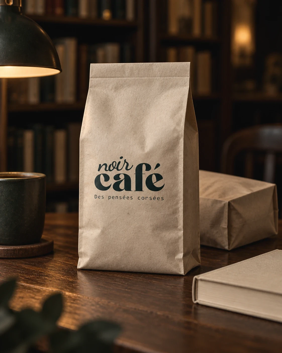 Sachet de café en papier kraft marqué du logo Noir Café.