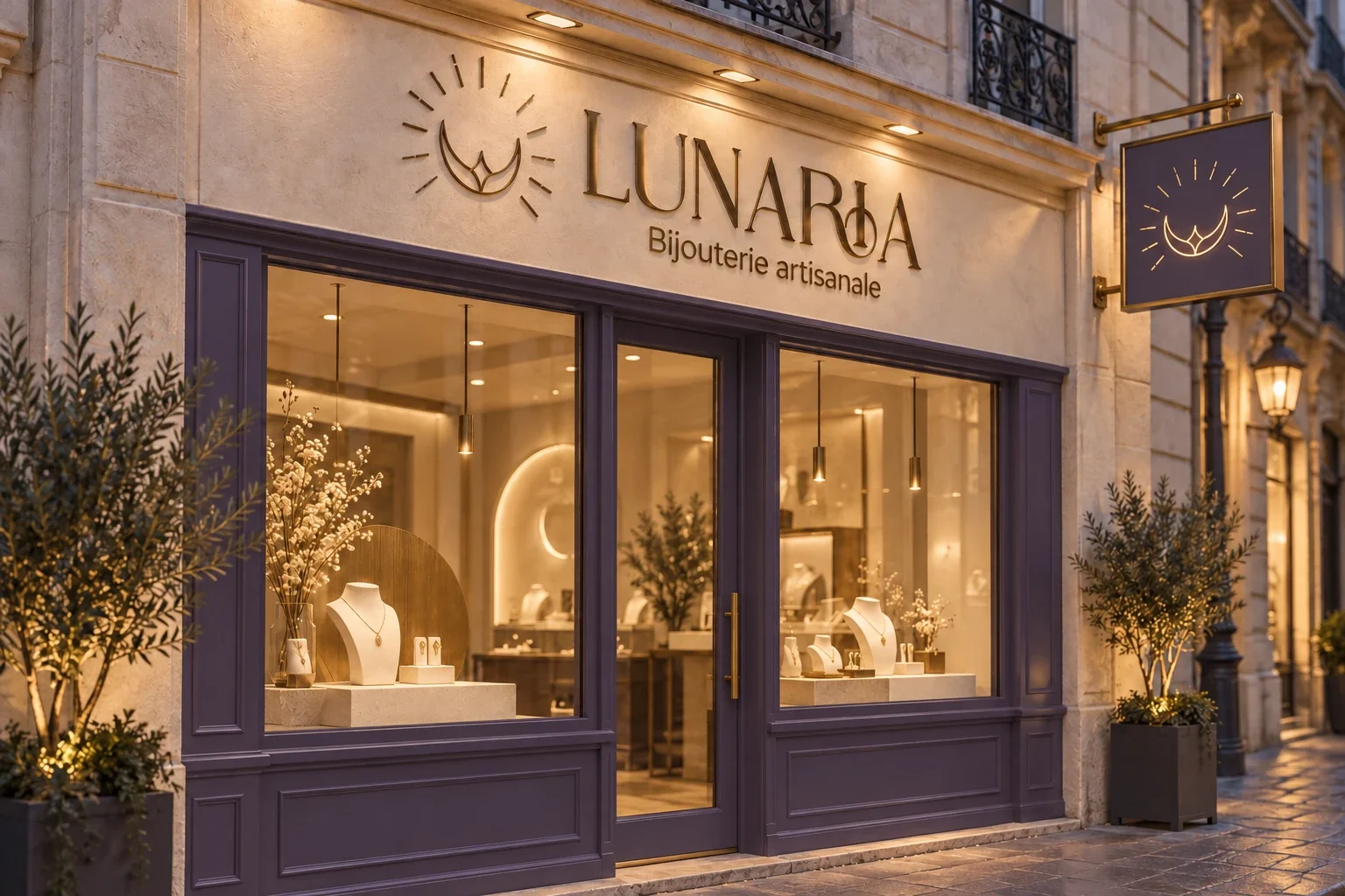 Façade de bijouterie Lunaria avec enseigne dorée et devanture violette.
