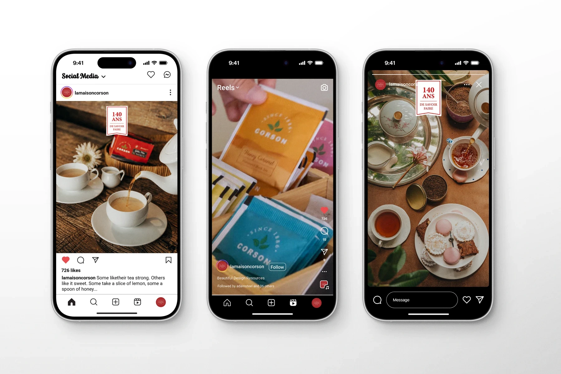 Publications, reels et stories La Maison Corson présentés sur trois téléphones.