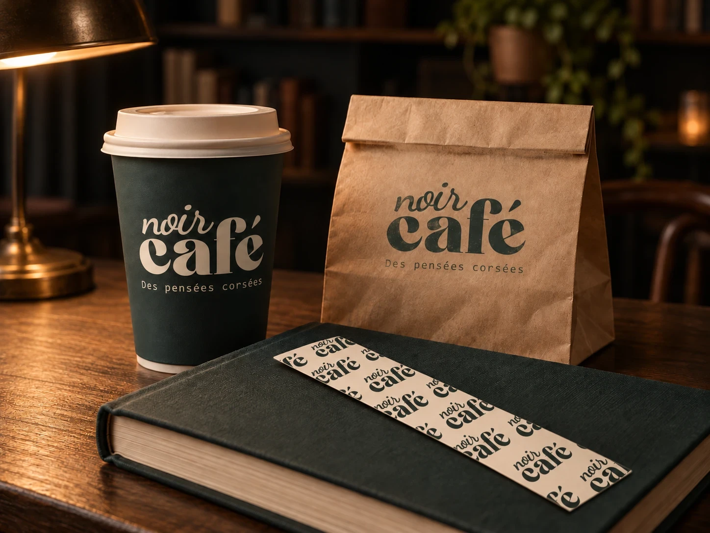 Gobelet et sac à emporter Noir Café avec un marque-page à motif typographique.