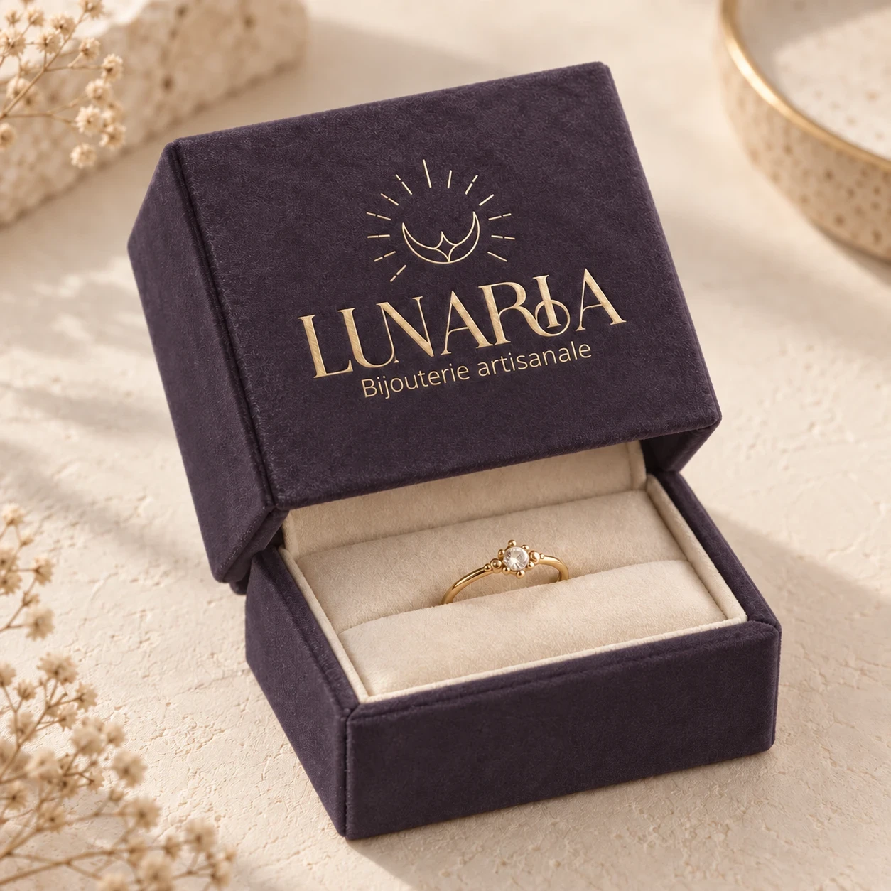 Écrin violet Lunaria ouvert sur une bague, avec marquage doré.