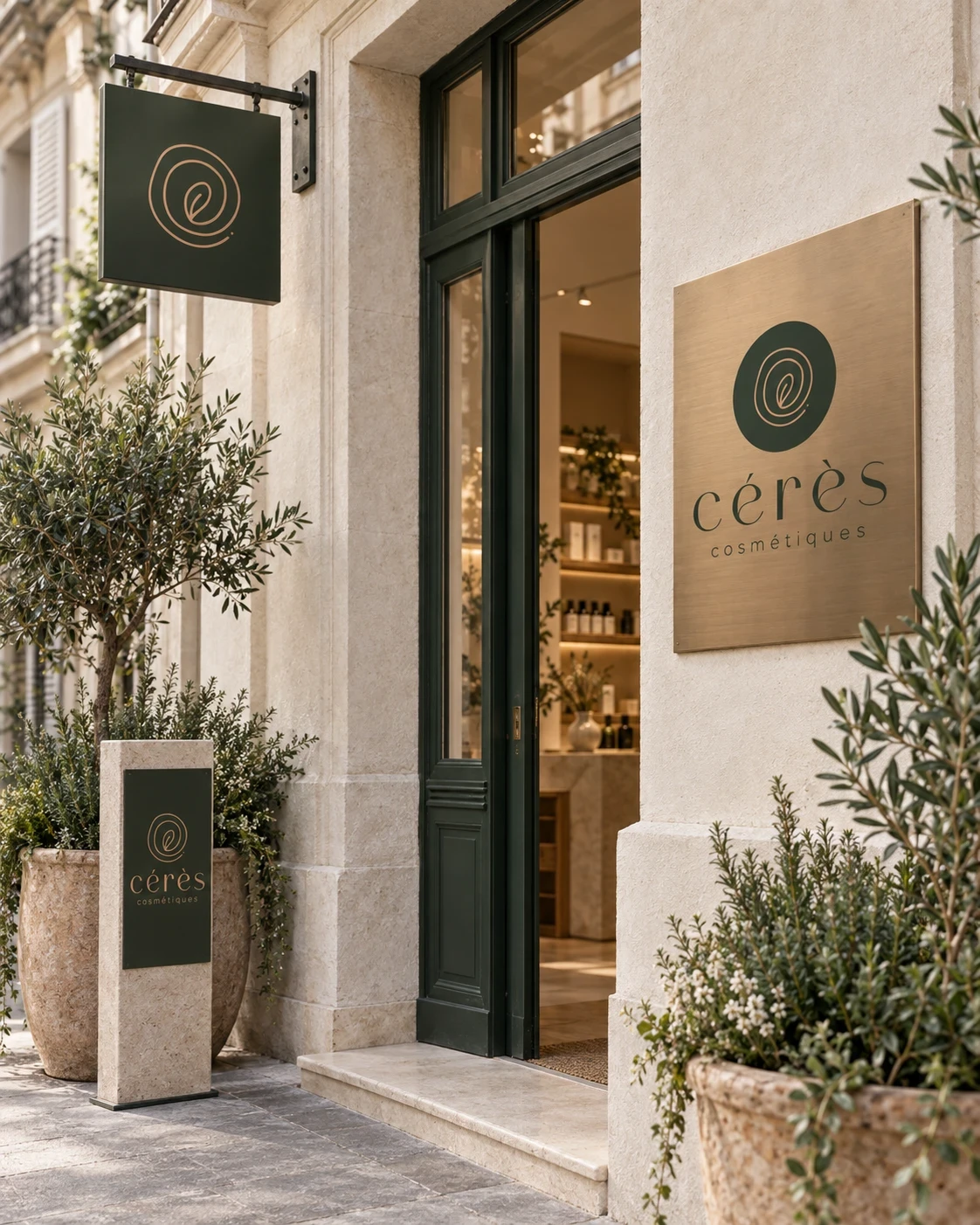 Enseigne et plaque Cérès Cosmétiques sur la façade d’une boutique.