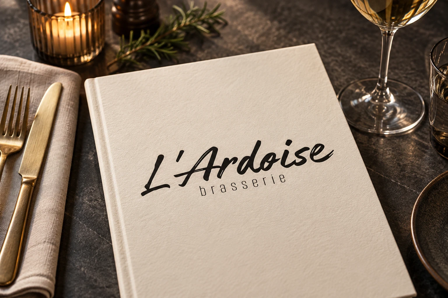 Couverture de menu L’Ardoise sur une table de brasserie avec des couverts et un verre.
