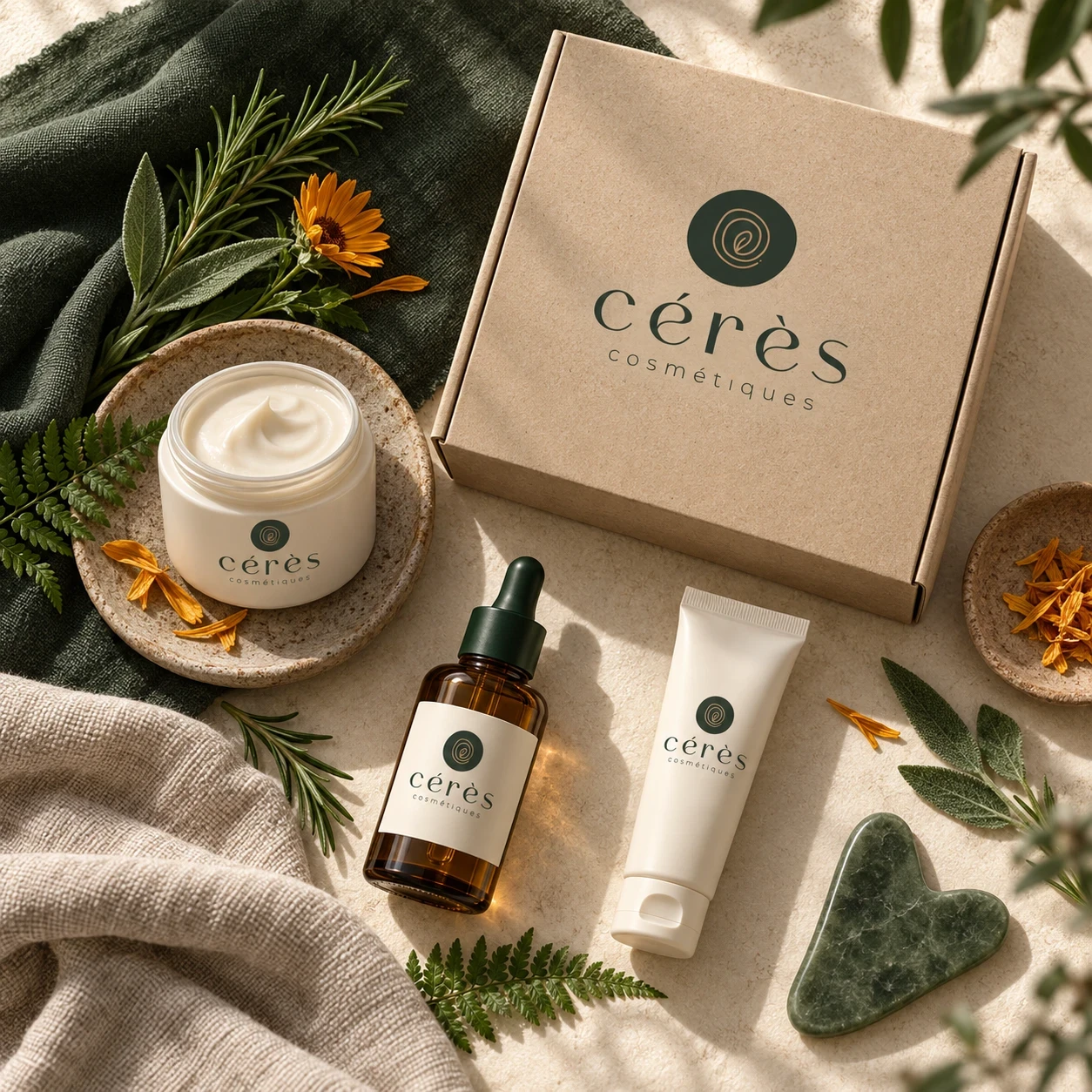 Coffret et produits de soin Cérès Cosmétiques entourés de plantes.