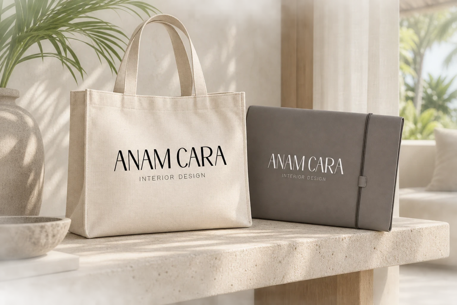 Tote bag clair et portfolio gris portant l’identité Anam Cara.