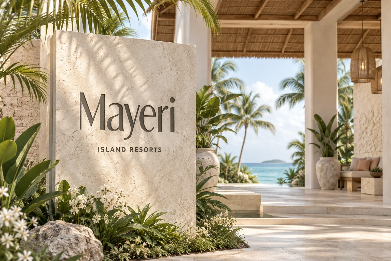 Signalétique Mayeri Island Resorts sur un panneau clair à l’entrée d’un hôtel tropical face à la mer.