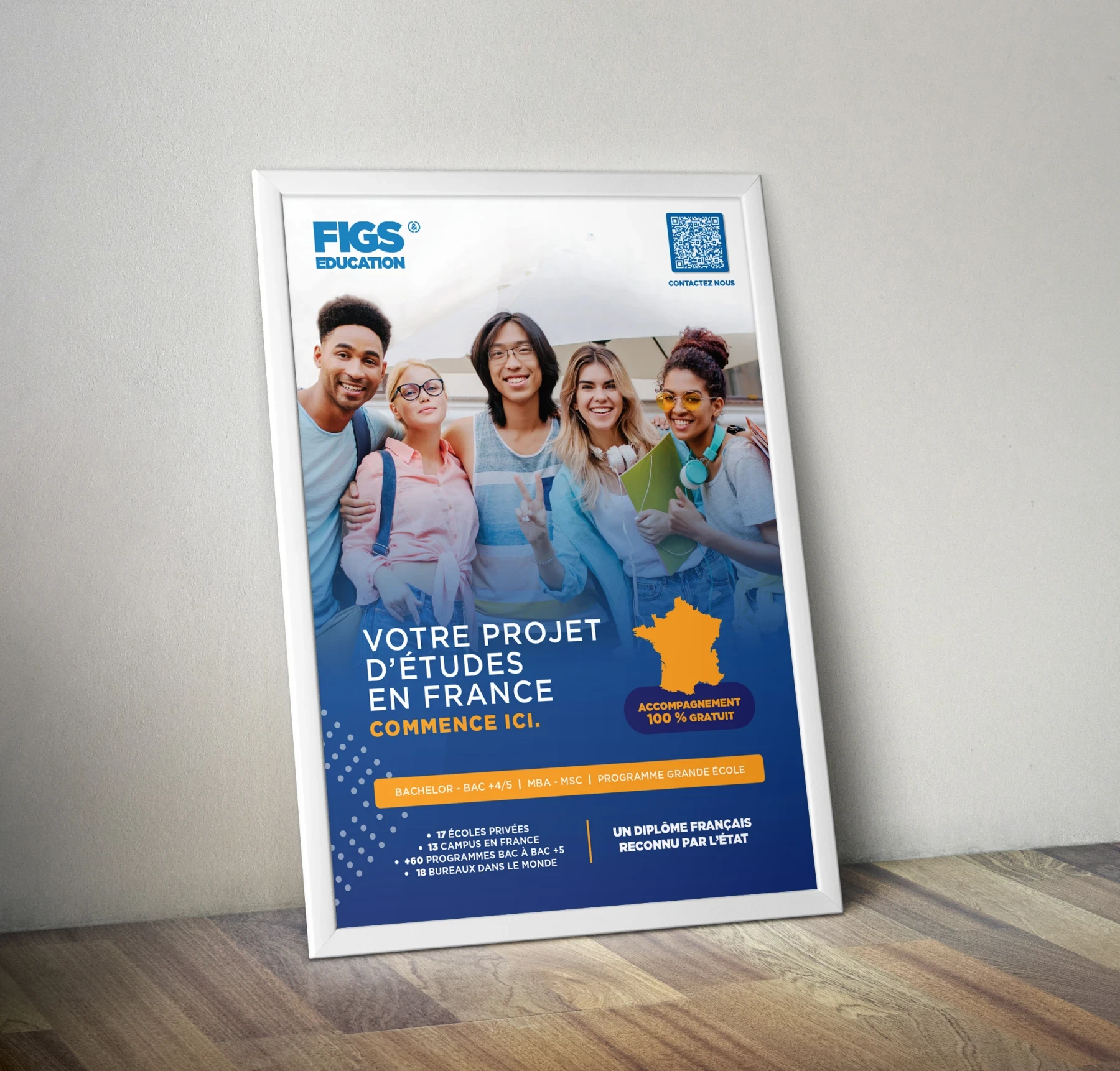 Affiche FIGS Education présentée dans un cadre.